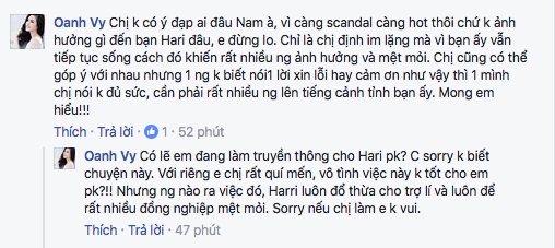 
Vy Oanh giải thích hành động viết dòng chia sẻ trên trang cá nhân và gửi lời xin lỗi đến quản lí truyền thông của Hari Won. - Tin sao Viet - Tin tuc sao Viet - Scandal sao Viet - Tin tuc cua Sao - Tin cua Sao