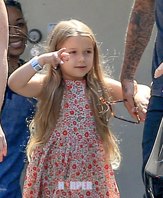 
David Beckham không ngần ngại cầm búp bê cho "công chúa nhỏ", còn cô bé Harper thì quấn lấy bố và nghịch ngợm chỉ trỏ cánh phóng viên.