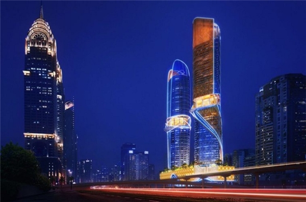 
Phối cảnh hai tòa nhà ban đêm. Tổ hợp do công ty kiến trúc ZAS thiết kế, công ty xây dựng Dubai làm nhà thầu chính.