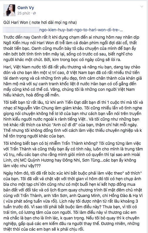 
"Tâm thư" của Vy Oanh bức xúc về thái độ làm việc thiếu chuyên nghiệp của Hari Won. - Tin sao Viet - Tin tuc sao Viet - Scandal sao Viet - Tin tuc cua Sao - Tin cua Sao
