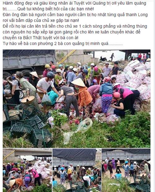 
Theo lời chủ nhân của những bức ảnh này, bạn Nguyễn Thành, thì sự việc xảy ra vào buổi sáng và đến chiều, số trái cây trong hơn 100 thùng đã được người dân mua hết.