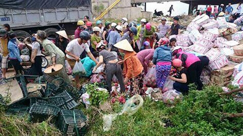 
Người dân Quảng Trị cùng nhau giúp chủ xe thu xọn chỗ hoa quả bị dập nát.