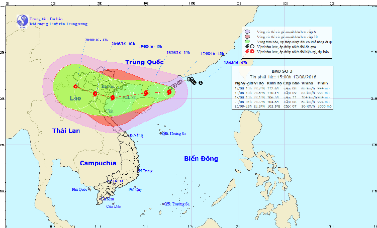
Vị trí tâm bão và khu vực chịu ảnh hưởng của cơn bão số 3 (Ảnh: Trung tâm Dự báo Khí tượng Thủy văn Trung ương)