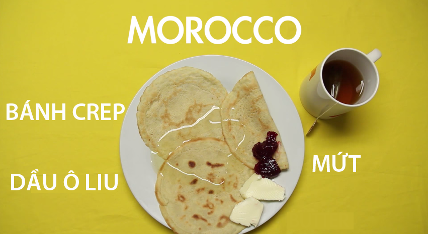 
14. Morocco - Người Morocco thường ăn bánh crep kèm với mứt, phô mai và ô liu xanh cho bữa sáng của mình. Ngoài thức uống trà bạc hà đặc trưng, một số vùng Morocco cũng rất chuộng cà phê đen.
