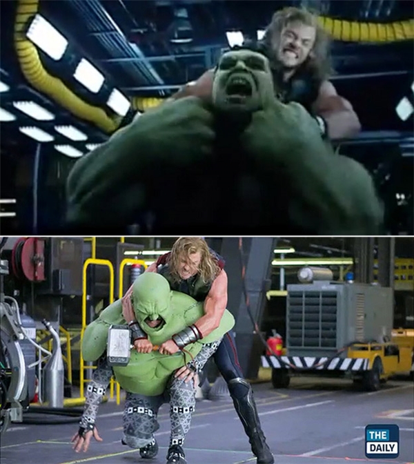 
Phân cảnh Thor "huynh đệ tương tàn" với Hulk khiến người xem phải hoảng sợ và hồi hộp chỉ trên phim, chứ nếu xem ảnh hậu trường thì sẽ trông như hai cậu con nít lớn xác đang... giành đồ chơi ngay ấy mà.