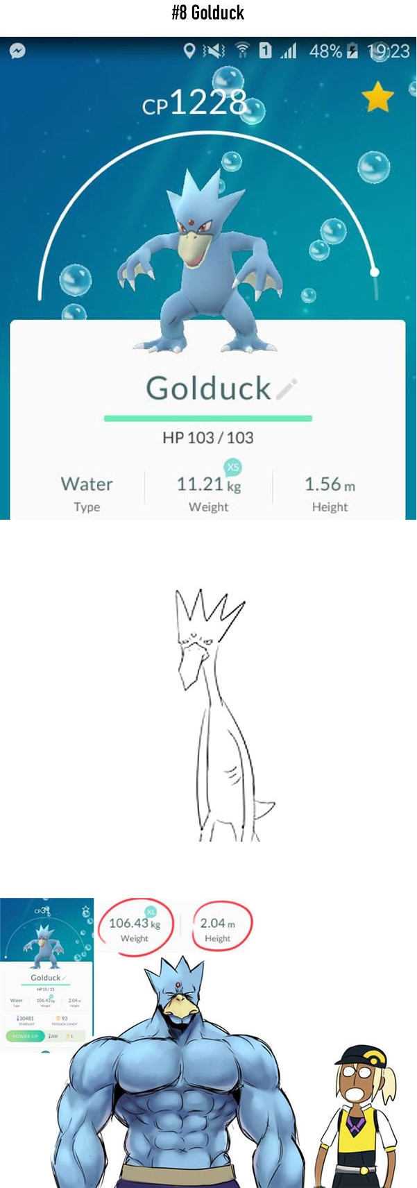 
Golduck cũng không khá khẩm hơn, từ một Pokemon dài thượt mà ốm nhom thì anh chàng bỗng trở thành... lực sĩ với chiều cao 2,04m và nặng 106,43kg.