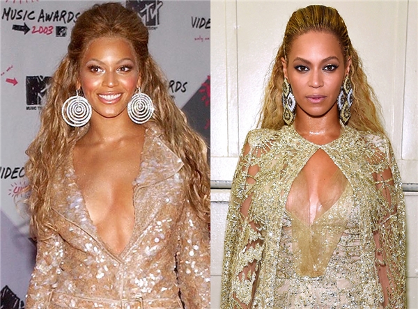
Nữ ca sĩ da màu không chỉ khiến khán giả “nổi da gà” bởi màn trình diễn bốc lửa, mà còn “gây choáng” vì nhan sắc trẻ trung, lộng lẫy không mấy khác biệt so với hình ảnh Beyoncé ngày đầu tiên bước lên sân khấu hát solo. Bên trái là Beyoncé năm 2003. Bên phải là Beyoncé của hiện tại. Ảnh: E!News.