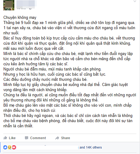 Lời chia sẻ đẫm nước mắt của bác sĩ Dương Đức Hùng - người cấp cứu chính cho cháu bé 9 tuổi bị tôn cứa cổ ở Hà Nội ngày 23/9 vừa qua.