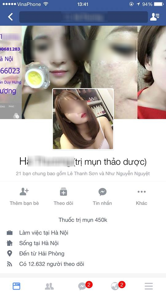 
Trang facebook của H. T bị cô gái trẻ H. O vạch trần khi buôn bán mỹ phẩm giả.
