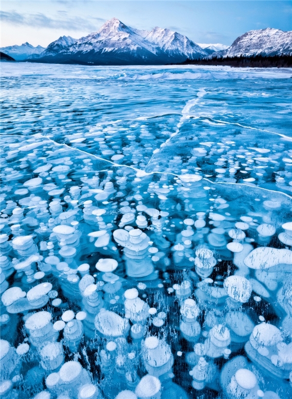 
Hồ băng Abraham, Alberta, Canada - Hồ băng đẹp nhất thế giới. Abraham là hồ nhân tạo, thuộc nhánh sông Saskatchewan ở miền Tây bang Alberta. Hồ được hình thành năm 1972 dưới chân núi Canadian Rockies. Abraham sở hữu kiến trúc băng kì lạ với những quả bong bóng sủi loang lổ ẩn giấu dưới mặt hồ.