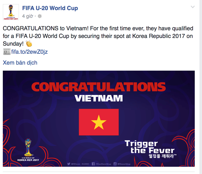 
FIFA đăng hình ảnh chúc mừng U19 Việt Nam.