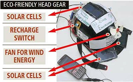 
Chiếc mũ bảo hiểm được trang bị nguồn pin năng lượng Mặt Trời cùng với chiếc quạt nhỏ hấp thu năng lượng gió.