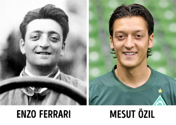 
Enzo Ferrari - nhà sáng lập tập đoàn Ferrari, từ trần vào năm 1988. Khoảng một tháng sau đó, cầu thủ bóng đá Mesut Ozil ra đời. Nhìn ảnh chân dung của họ, khó có thể tin được trên đời lại có hai gương mặt giống nhau như đúc thế này.