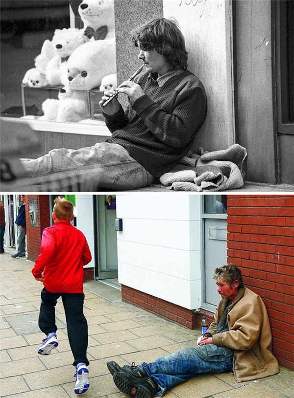 
Không ít người đã phải thổn thức khi nhìn thấy hai tấm ảnh này, người đàn ông vô gia cư ấy vẫn miệt mài ngồi nơi con phố ấy, chỉ khác là cây sáo phát ra những điệu nhạc du dương đã không còn trên tay ông nữa mà thôi.