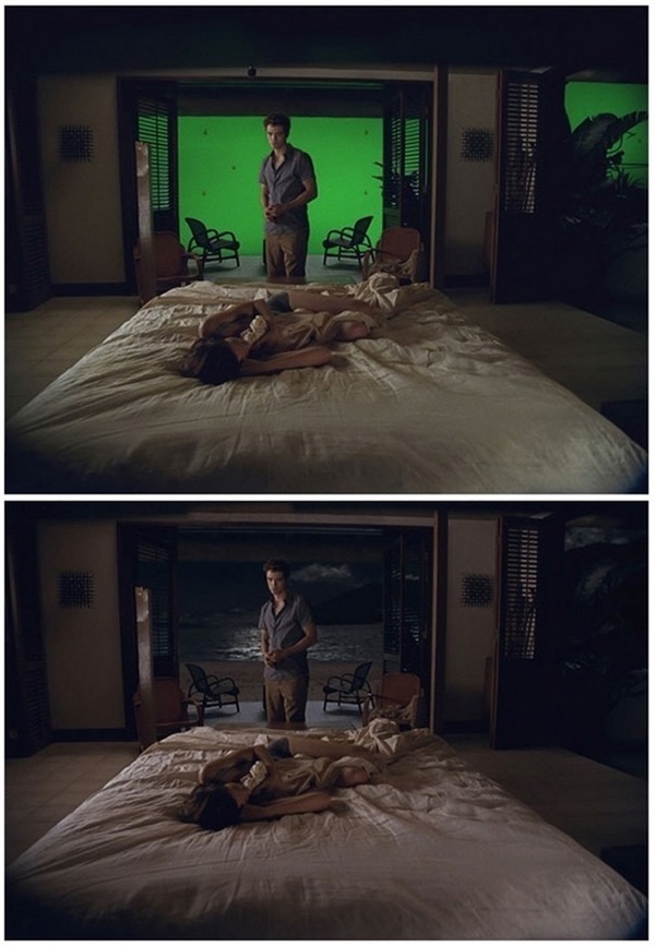 
Khung cảnh lãng mạn ngoài phòng ngủ của 2 nhân vật chính trong The Twilight Saga: Breaking Dawn thực chất chỉ là một phông nền xanh cỡ lớn.