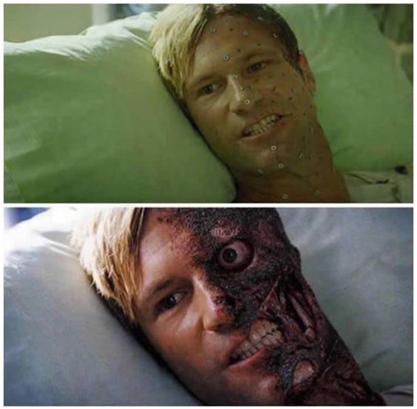 
Kĩ xảo đã khiến gương mặt của nam diễn viên trong phim Dark Knight trở nên đáng sợ. 