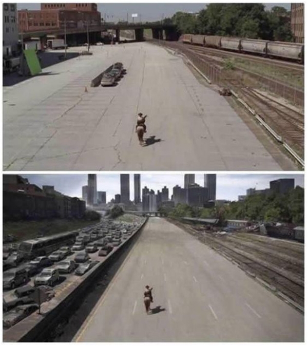 
Một cảnh quay trong The Walking Dead với hình ảnh một bên làn đường dày đặc xe hơi. Trên thực tế chỉ có khoảng 3 chiếc xe có ở phim trường.