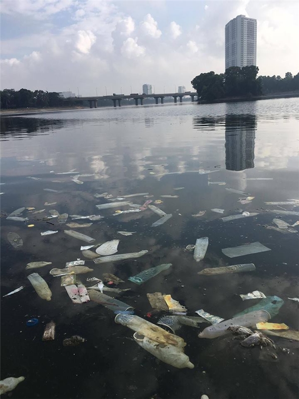 
Loạt rác thải gây ô nhiễm và khiến mặt hồ Linh Đàm trông mất mĩ quan đô thị đến thảm hại.