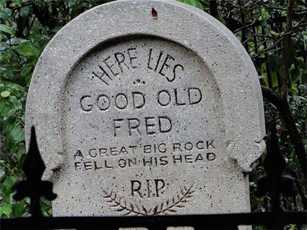 
Đây là nơi cụ Fred tốt bụng yên nghỉ. Một tảng đá lớn đã rơi trúng đầu ông ấy. (Ảnh: Internet)