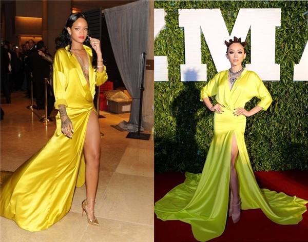 
Nữ ca sĩ Tóc Tiên và bộ cánh được nhận xét giống đến 90% thiết kế mà Rihanna từng diện. Nhà thiết kế Lý Quí Khánh cũng lên tiếng phân trần và chỉ ra một số khác biệt trong cấu trúc dựng phom từ thắt eo trở xuống vòng 3.
