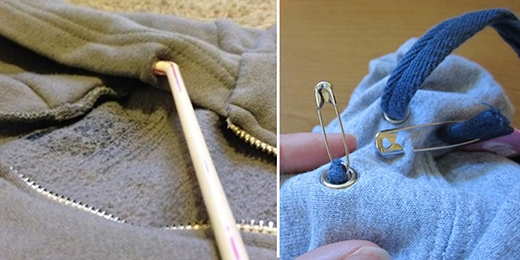 
Nếu chiếc áo khoác hay áo hoodie yêu thích của bạn bị tuột dây ngay trên cổ áo thì hãy sử dụng ngay ống hút hay hai chiếc kim gút để "nối" dây vào áo bạn nhé.