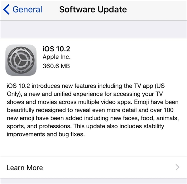 
iOS 10.2 có dung lượng cài đặt khoảng 360 MB. (Ảnh: internet)