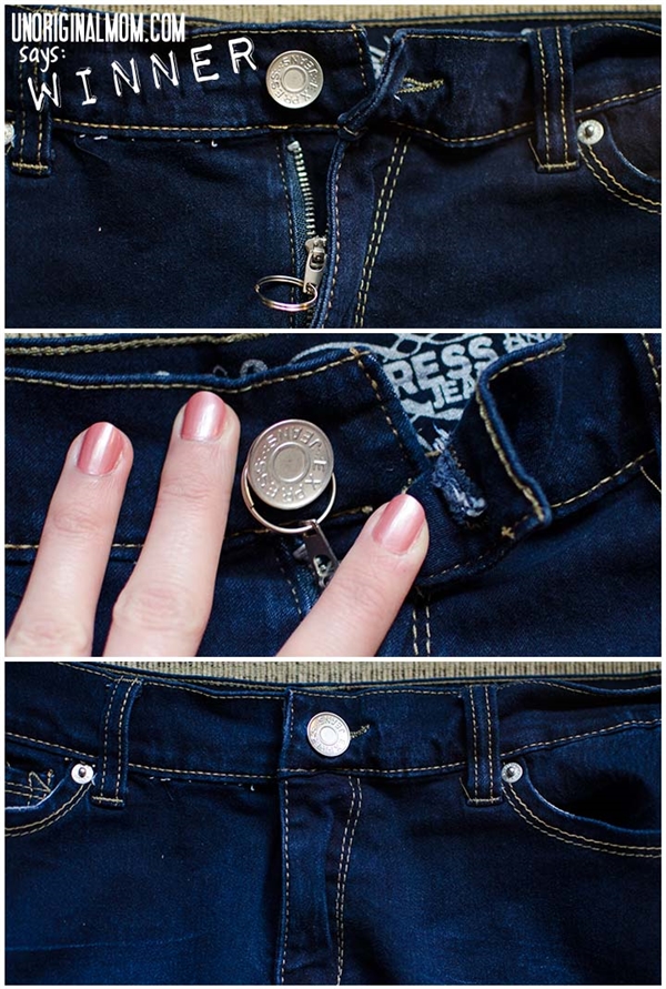 
Dùng một chiếc vòng móc khóa làm vật cố định dây kéo quần jean cho nó khỏi tuột.