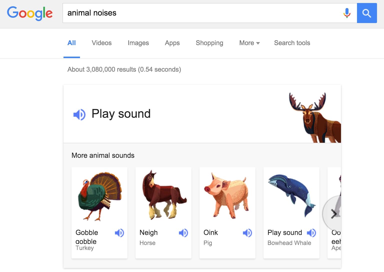 
Gõ từ khóa "animal sounds" hoặc "animal noises" vào khung tìm kiếm của Google Search. (Ảnh: internet)