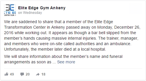 
Thông báo của phòng tập gym Elite Edge về sự việc của Thomson.