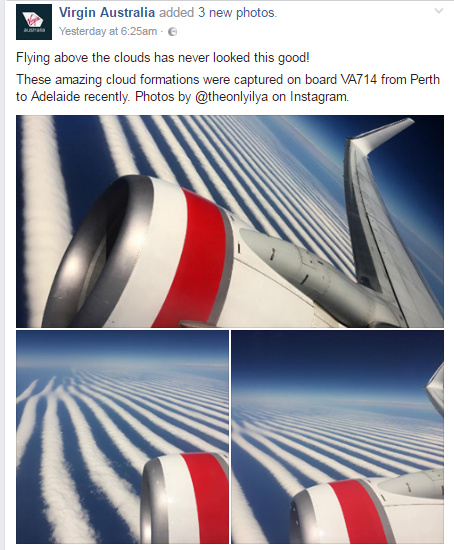 
"Bay trên những đám mây chưa bao giờ đẹp như vậy", bài đăng của hãng hàng không Virgin Australia. (Ảnh: internet)