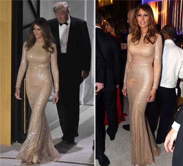Trước đó, bà Trump đã chọn bộ cánh vàng kim tuyệt hảo của Reem Acra để tạo nên sự xuất hiện đầy ấn tượng của mình.