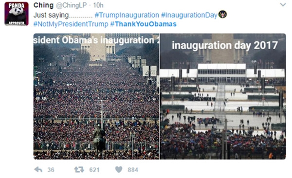 Hai bức ảnh so sánh lễ nhậm chức của ông Obama và ông Trump.