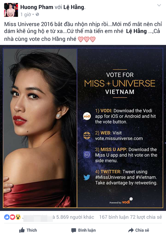 
Hoa hậu Hoàn vũ Việt Nam 2015 Phạm Hương cũng nhanh chóng chia sẻ trên trang cá nhân các thể lệ bình chọn để khán giả nắm được.