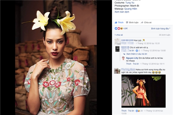 
Tạo hình của nữ người mẫu trở nên ấn tượng hơn với những bông hoa ly vàng ươm, ngọt lịm như ánh nắng ban mai. Ngay sau khi chia sẻ hình ảnh này trên trang cá nhân,  người hâm mộ của Lilly Nguyễn đã phát hiện cô chính là “bản sao” của “cô Cám” Thành Lộc.