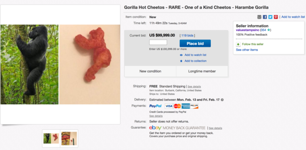 
Giá chốt cho miếng bim bim hình khỉ đột Harambe này là 99.999 USD. 