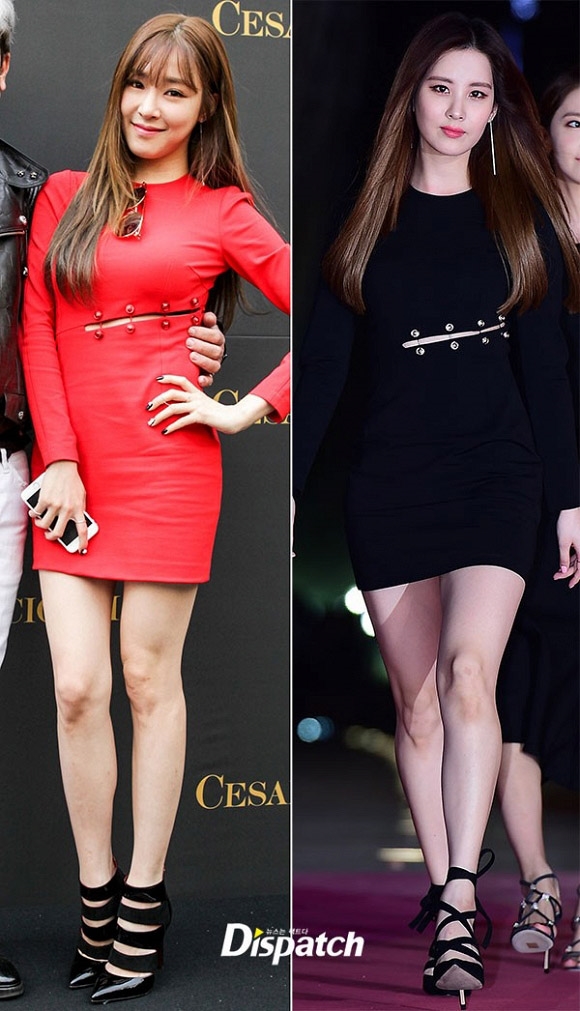 
Ngoài màu sắc của chiếc váy thì không thể phát hiện ra điều gì khác biệt nữa trong tạo hình của Tiffany và Seohyun.