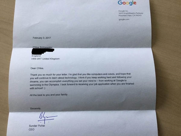 Lá thư phản hồi từ CEO Google.